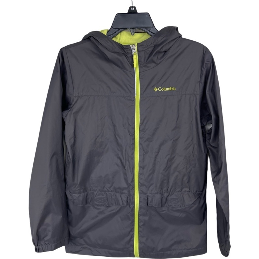 ✅ Columbia Junior Boys Gray with Neon Yellow fleece lining windbreaker jacket L
